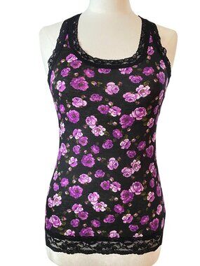Y2K Floral Lace Cami Tank Top Black Purple Whismisgoth Fitted Fairy Coquette-3/5